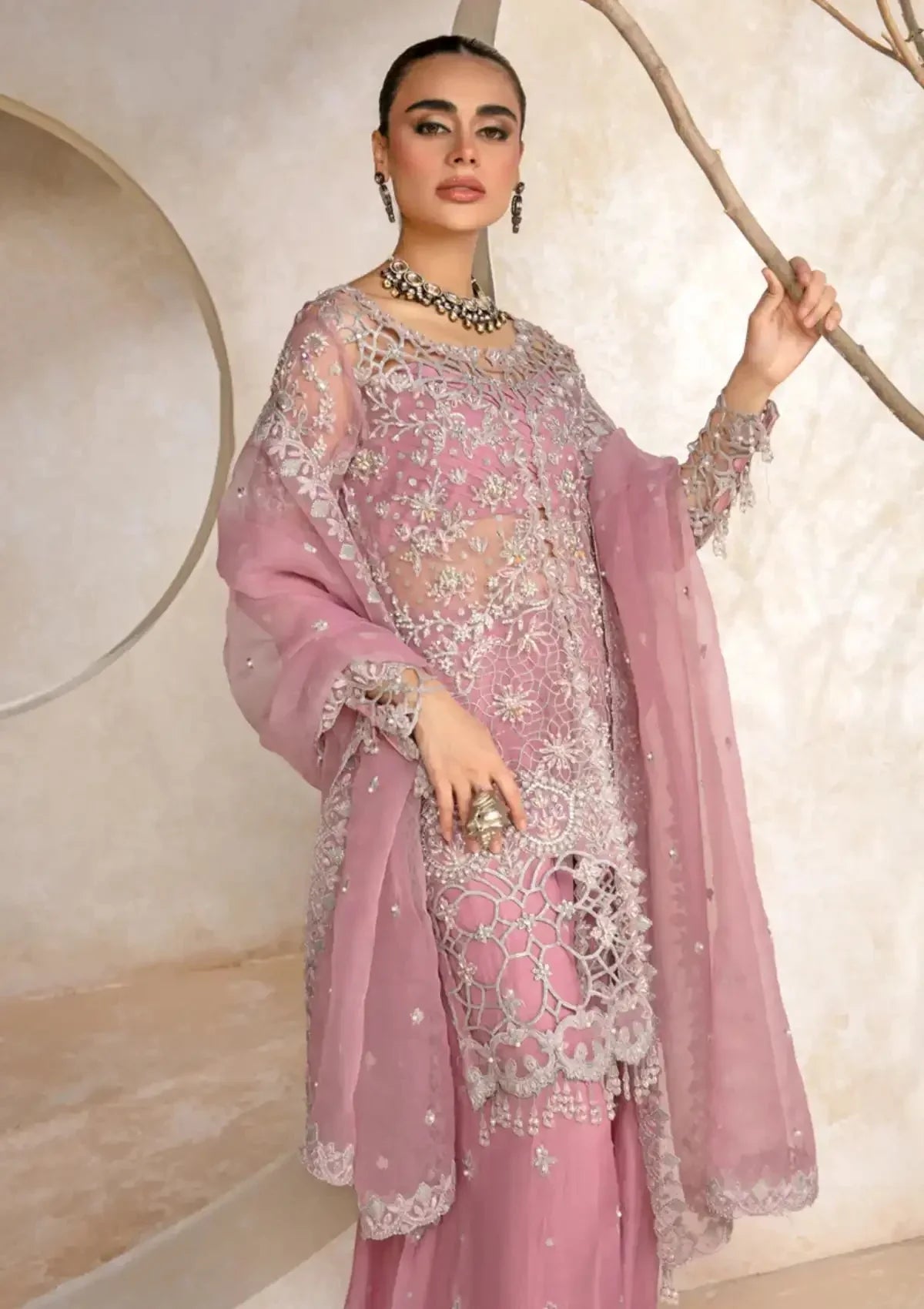 Muted Lilac & Pearl - Embroidered Organza Suit | Ready To Wear