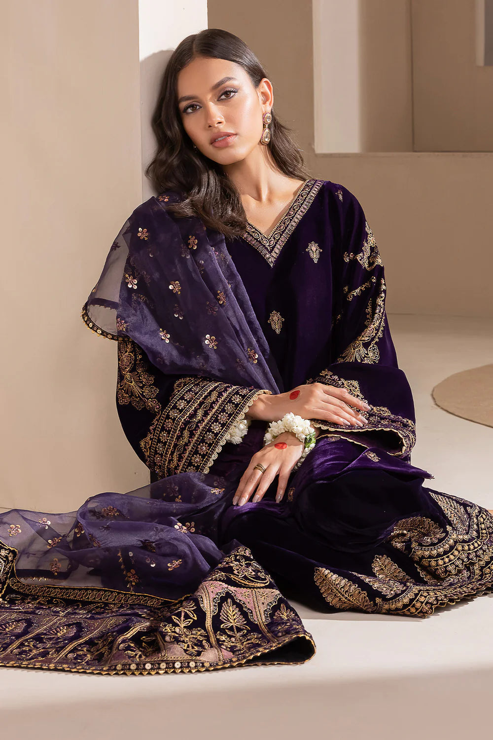 03-PIECE EMBROIDERED VELVET SUIT READY TO WEAR