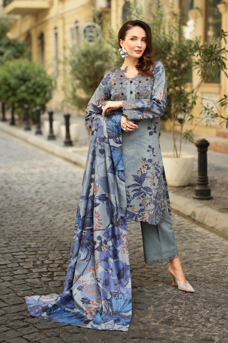 03-Piece Embroidered Lawn Suit With Digital Printed Dupatta