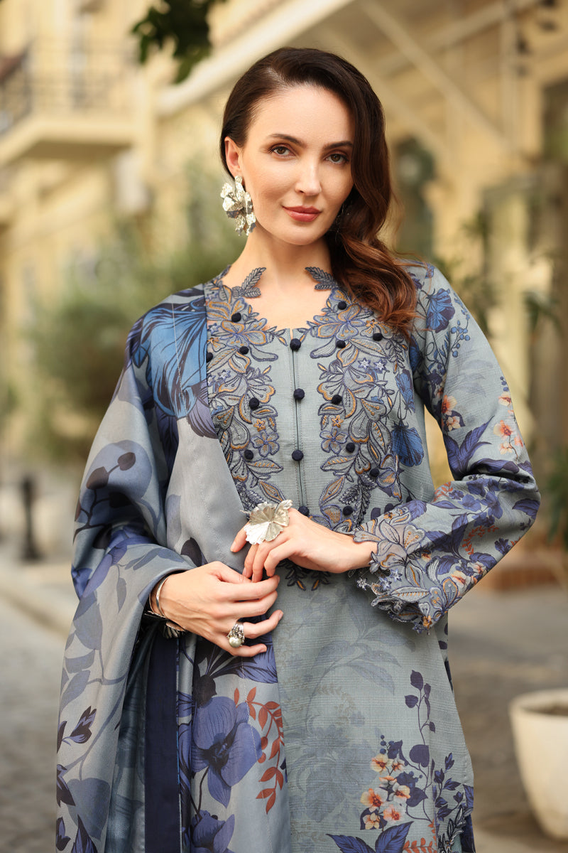 03-Piece Embroidered Lawn Suit With Digital Printed Dupatta