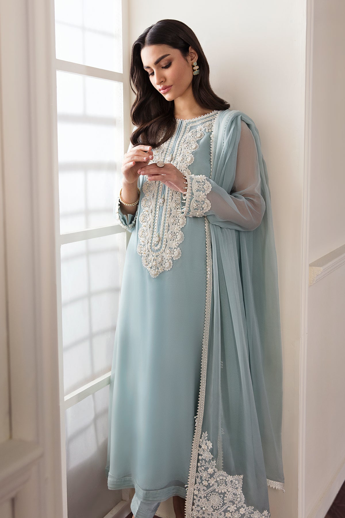 Ice Blue Elegance - 3 Piece Lawn Suit | Ready To Work