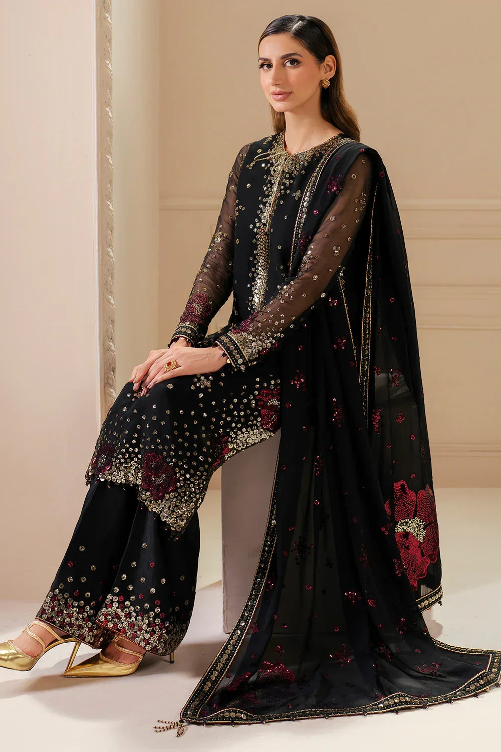 Gilded Charcoal - Embroidered Chiffon Suit | Ready To Wear