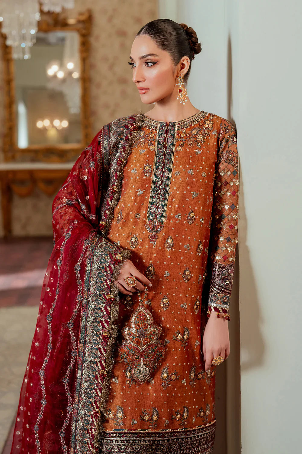 Burnt Ochre - Embroidered Chiffon Suit | Ready To Wear