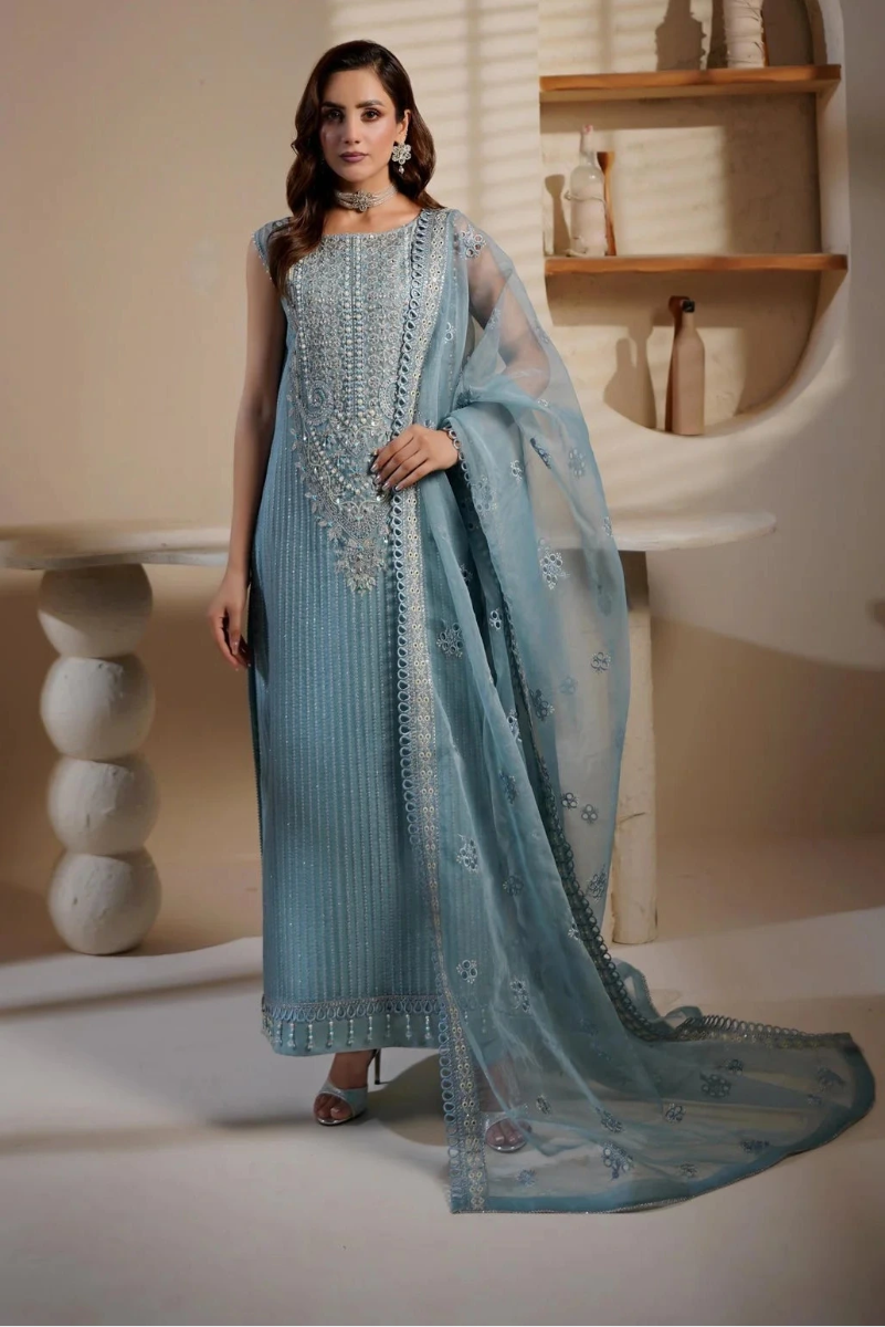 Light Blue Embroidered Organza Suit | Ready-to-Wear Dupatta