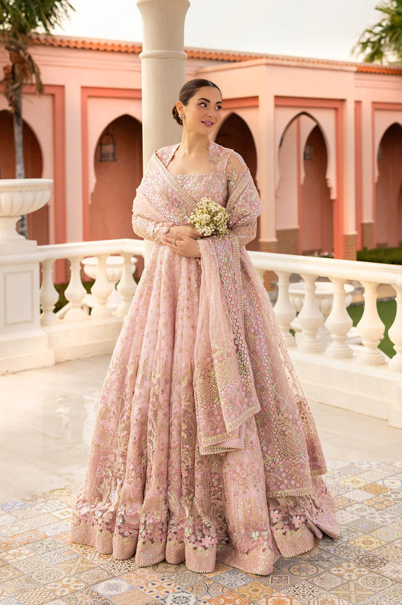 Pink Embroidered Net Maxi with Kalis | Wedding Lehenga Set
