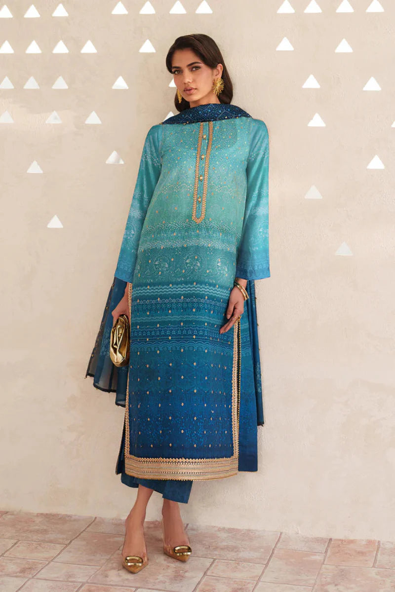 Marine Deep - Printed Lawn Suit With Chiffon Dupatta | Ready To Wear