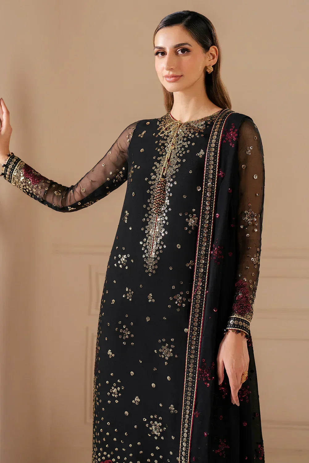 Gilded Charcoal - Embroidered Chiffon Suit | Ready To Wear