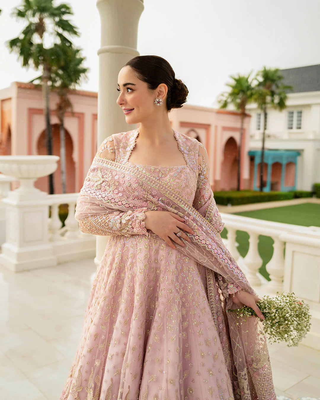 Pink Embroidered Net Maxi with Kalis | Wedding Lehenga Set
