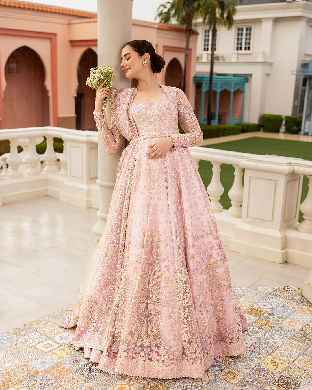 Pink Embroidered Net Maxi with Kalis | Wedding Lehenga Set