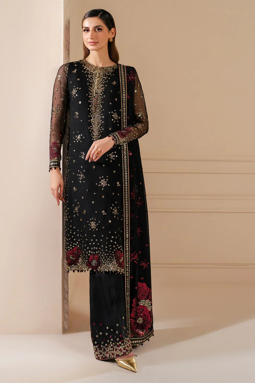 Gilded Charcoal - Embroidered Chiffon Suit | Ready To Wear