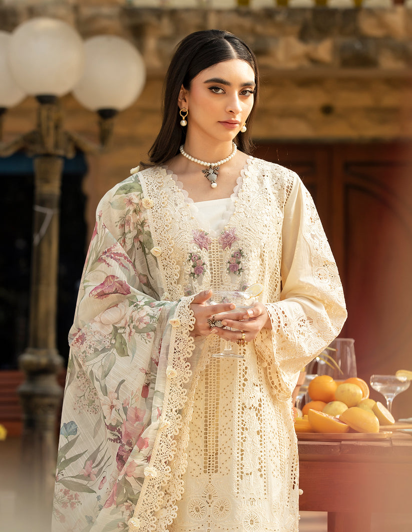 Ivory Floral Chikankari | Cotton Net Dupatta Formal