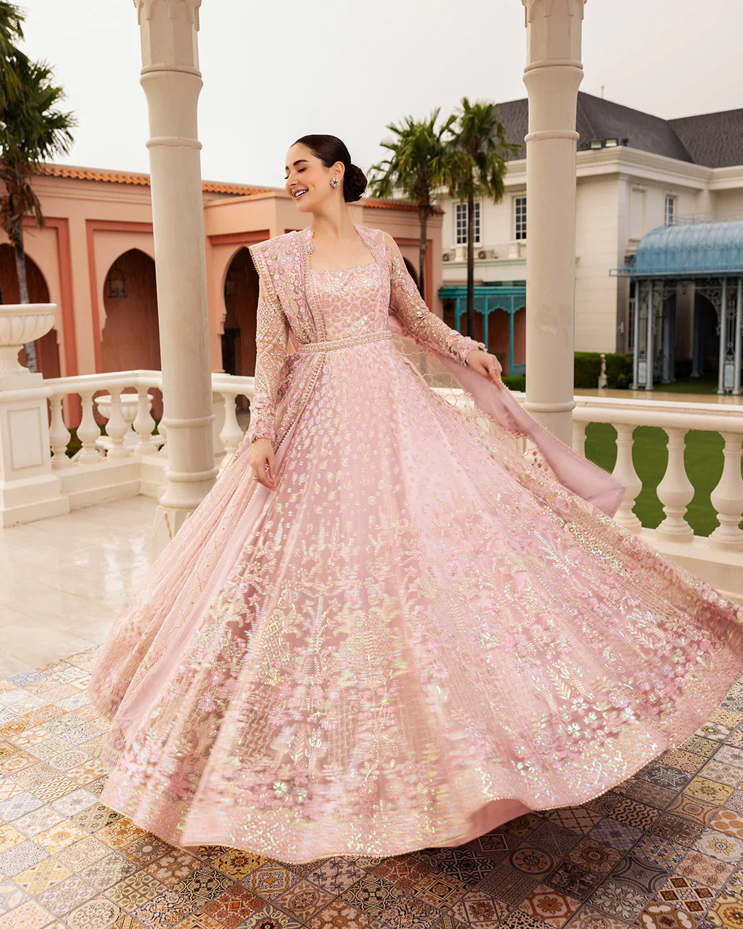 Pink Embroidered Net Maxi with Kalis | Wedding Lehenga Set