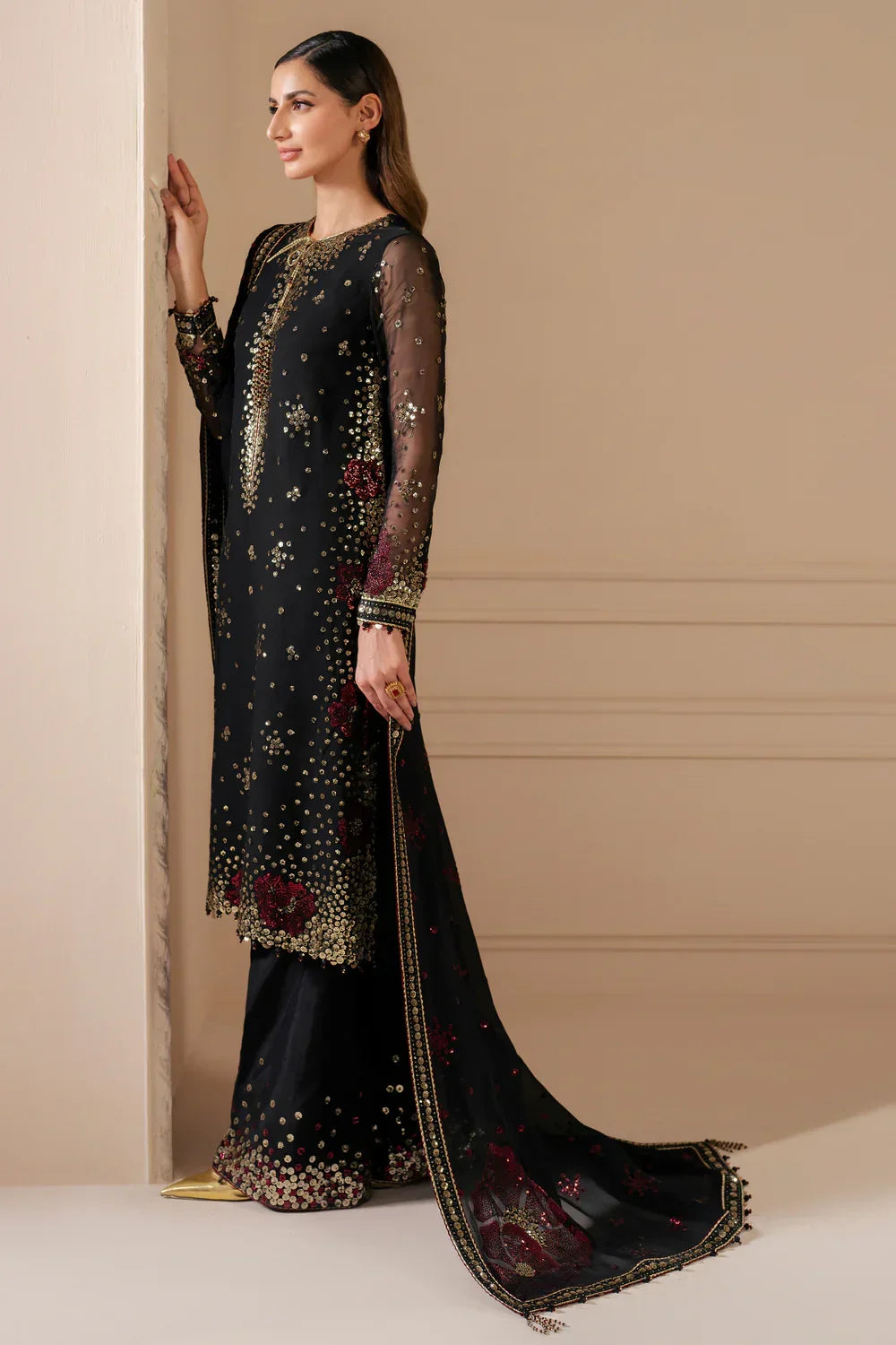 Gilded Charcoal - Embroidered Chiffon Suit | Ready To Wear