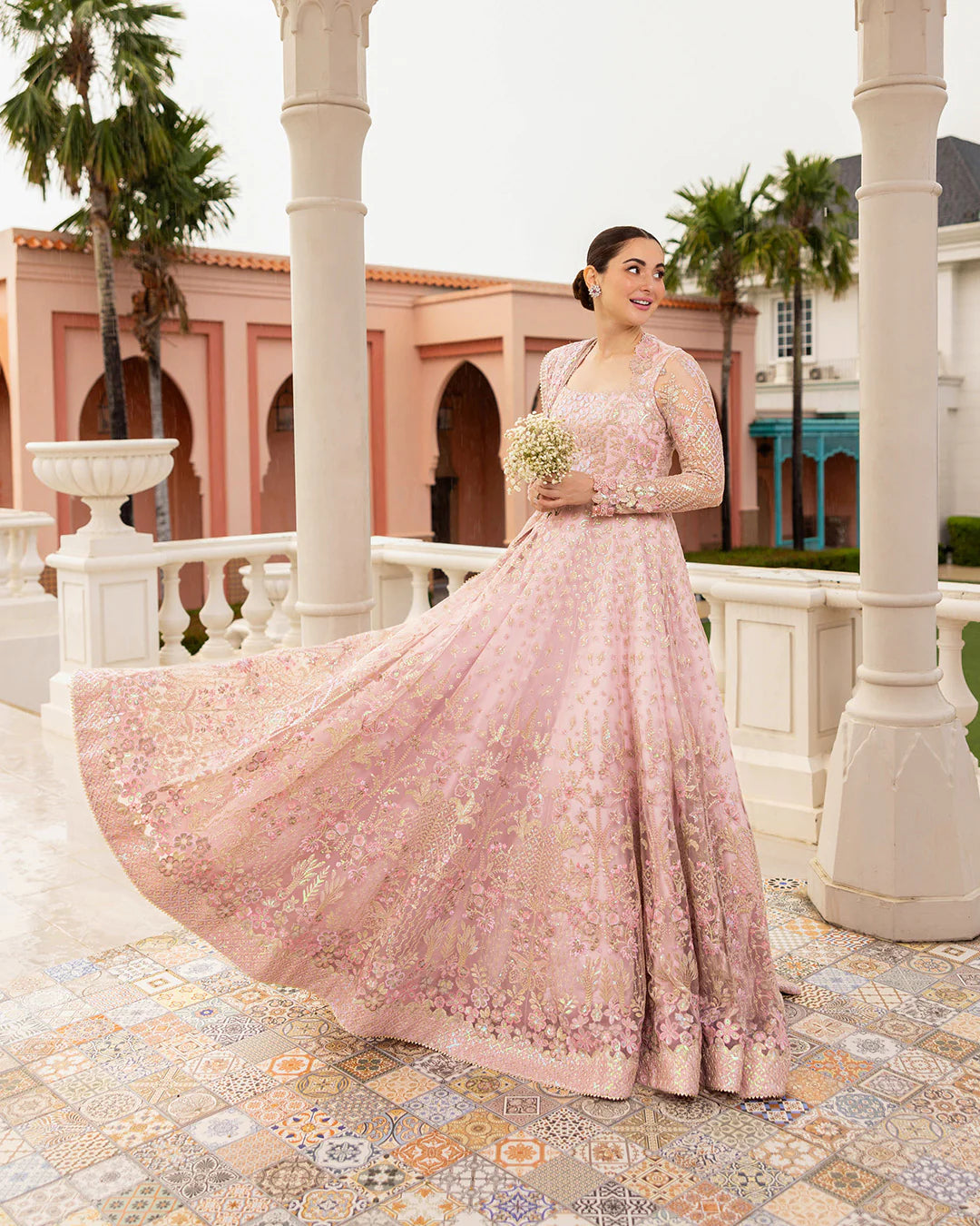 Pink Embroidered Net Maxi with Kalis | Wedding Lehenga Set