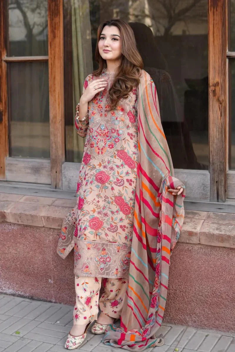 Sand & Coral Flora - 3 Piece Embroidered Lawn Suit | Ready To Wear