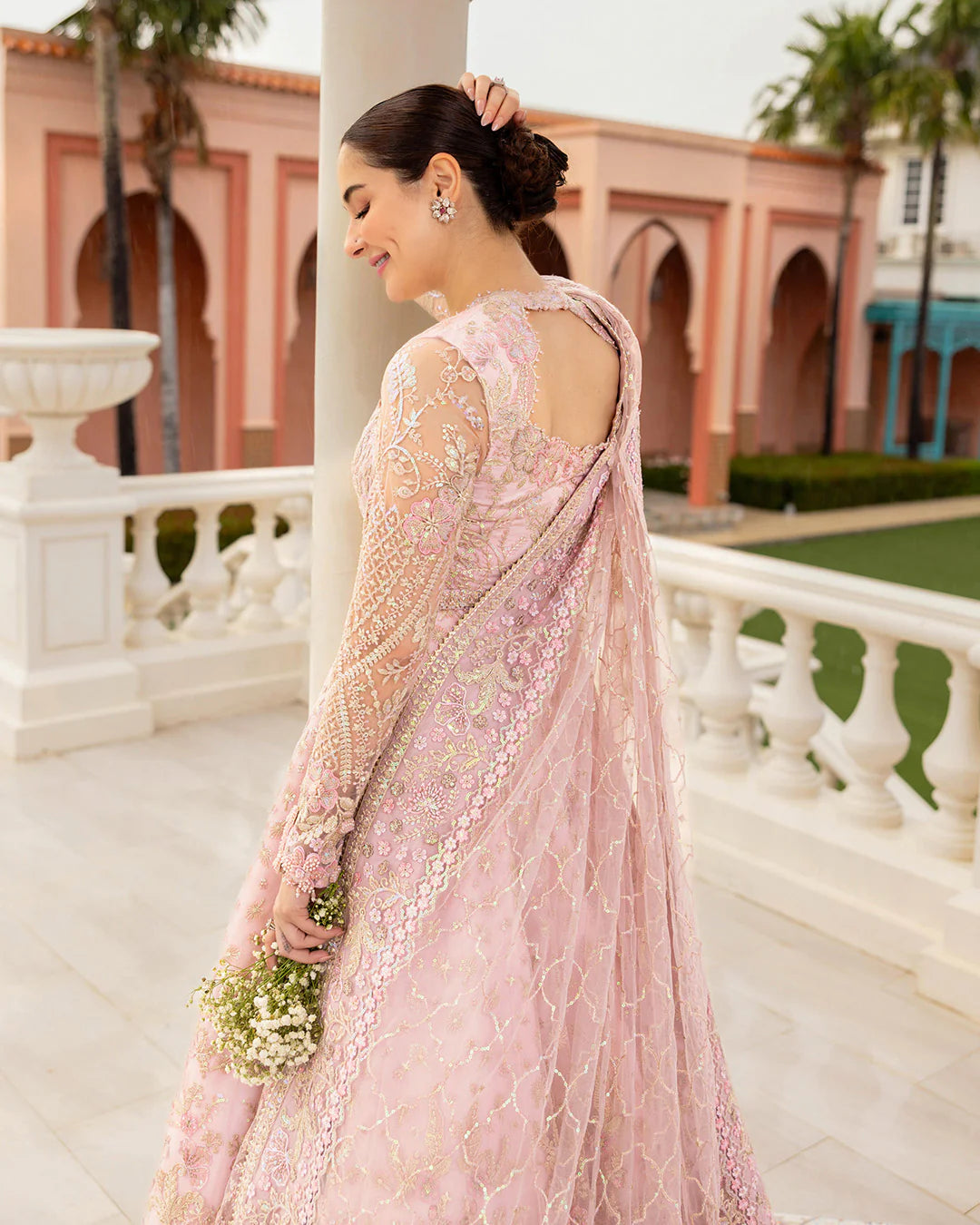Pink Embroidered Net Maxi with Kalis | Wedding Lehenga Set