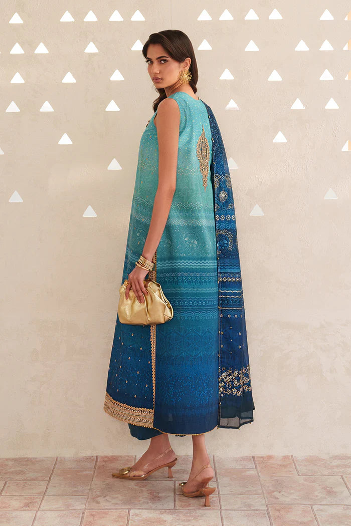 Marine Deep - Printed Lawn Suit With Chiffon Dupatta | Ready To Wear