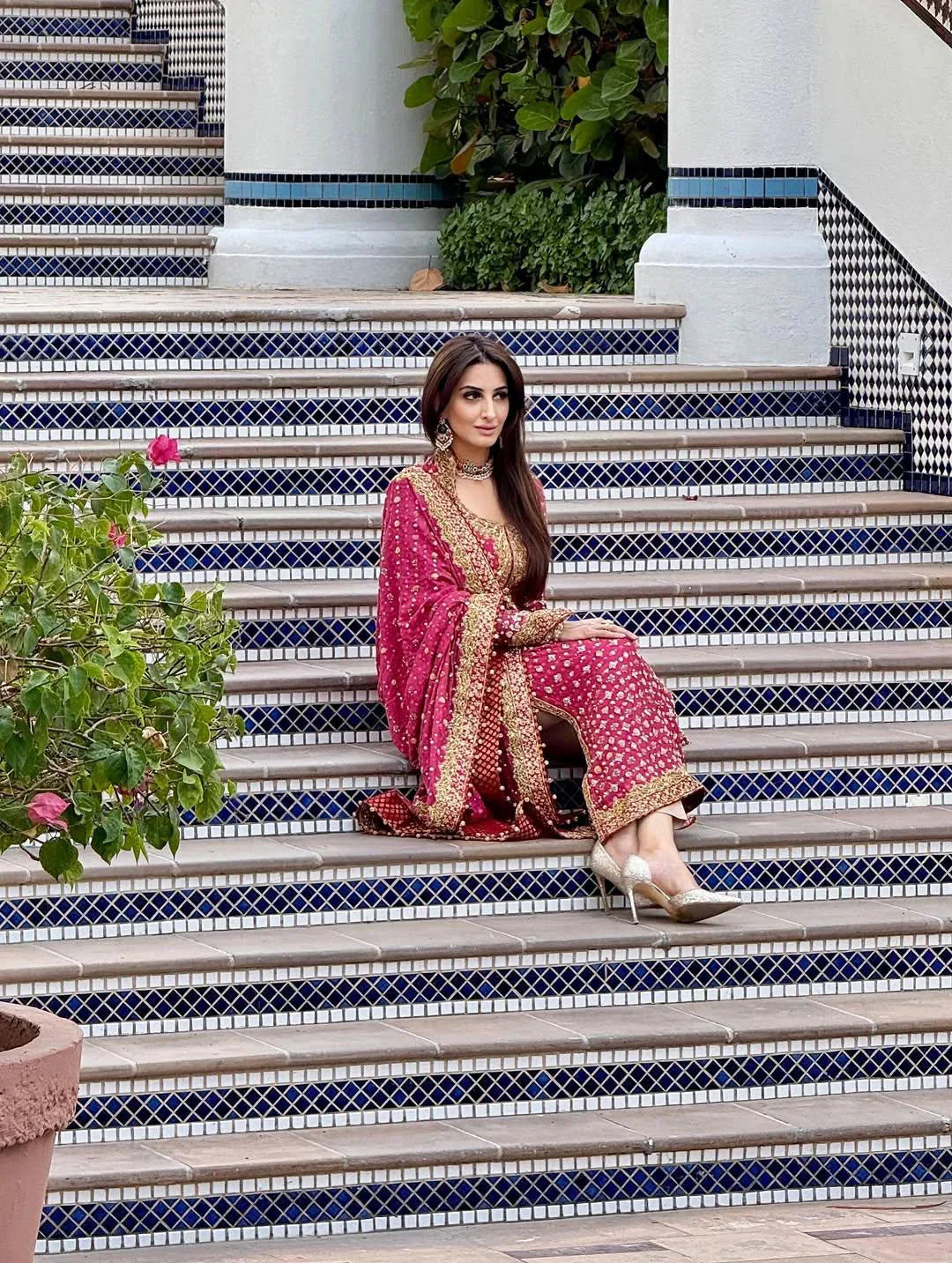 Hot Pink & Gold - 3PC Suit with Heavy Bordered Dupatta | Ready To Wear