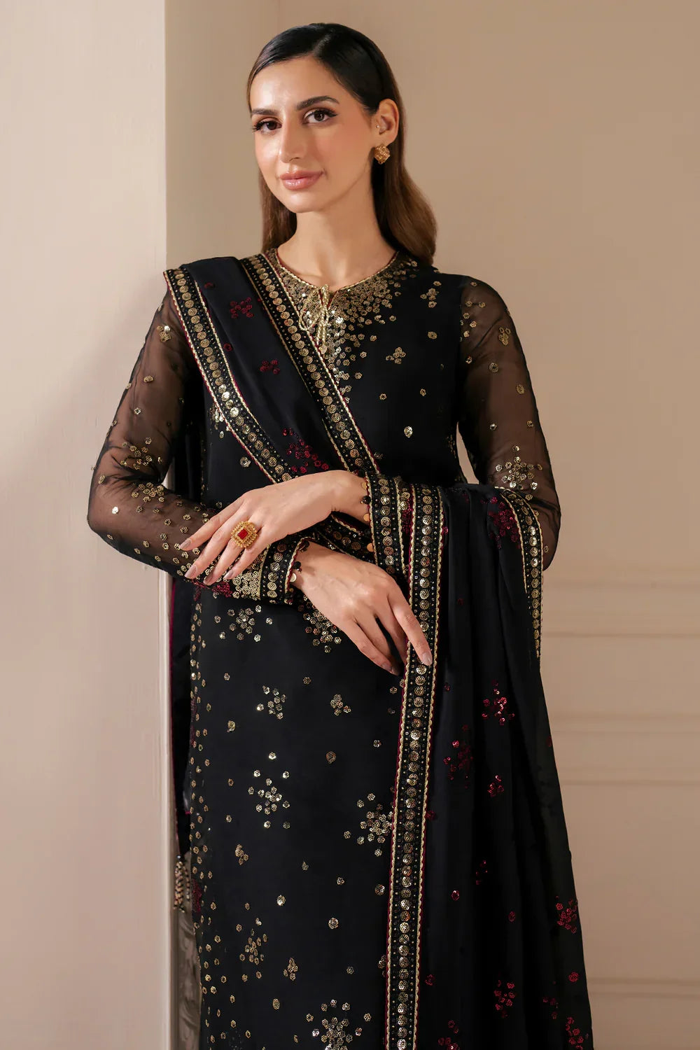 Gilded Charcoal - Embroidered Chiffon Suit | Ready To Wear