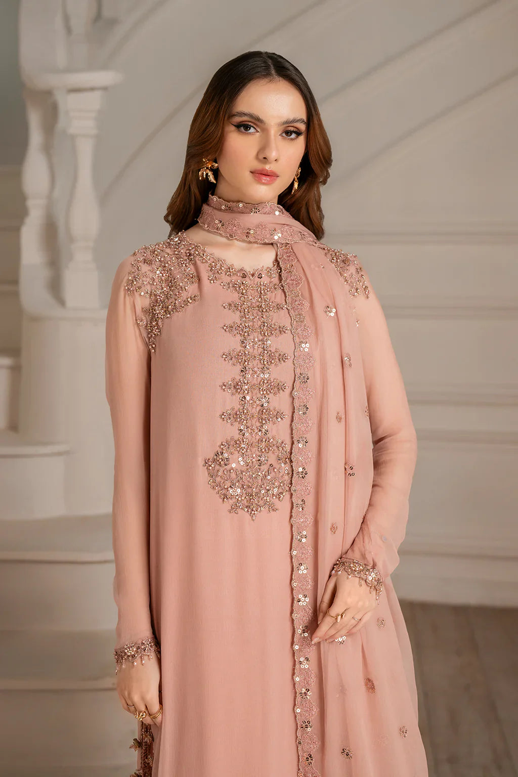 Peach Crystal Elegance - Embellished Formal Suit | Ready To Wear