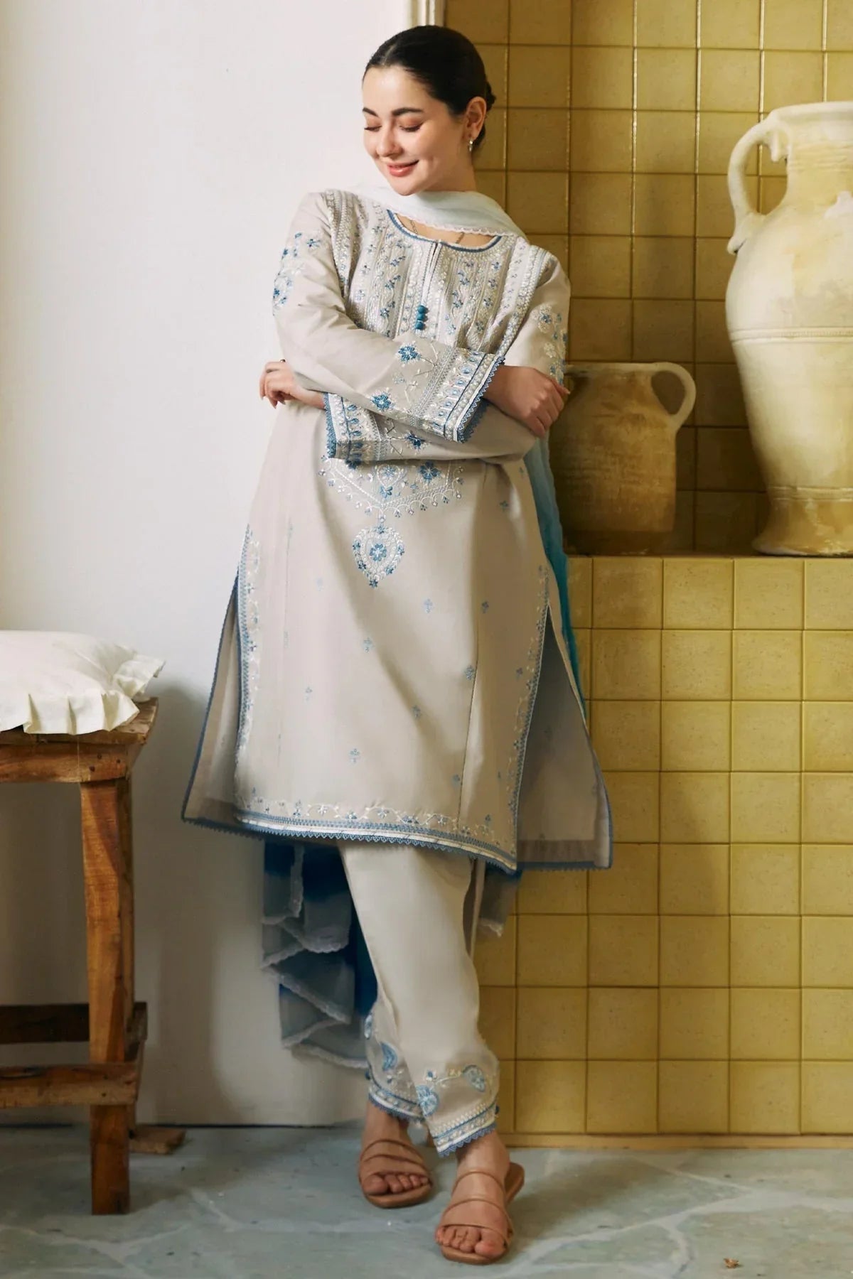 Dove Grey & Powder Blue - Embroidered Lawn Suit | Ready To Wear