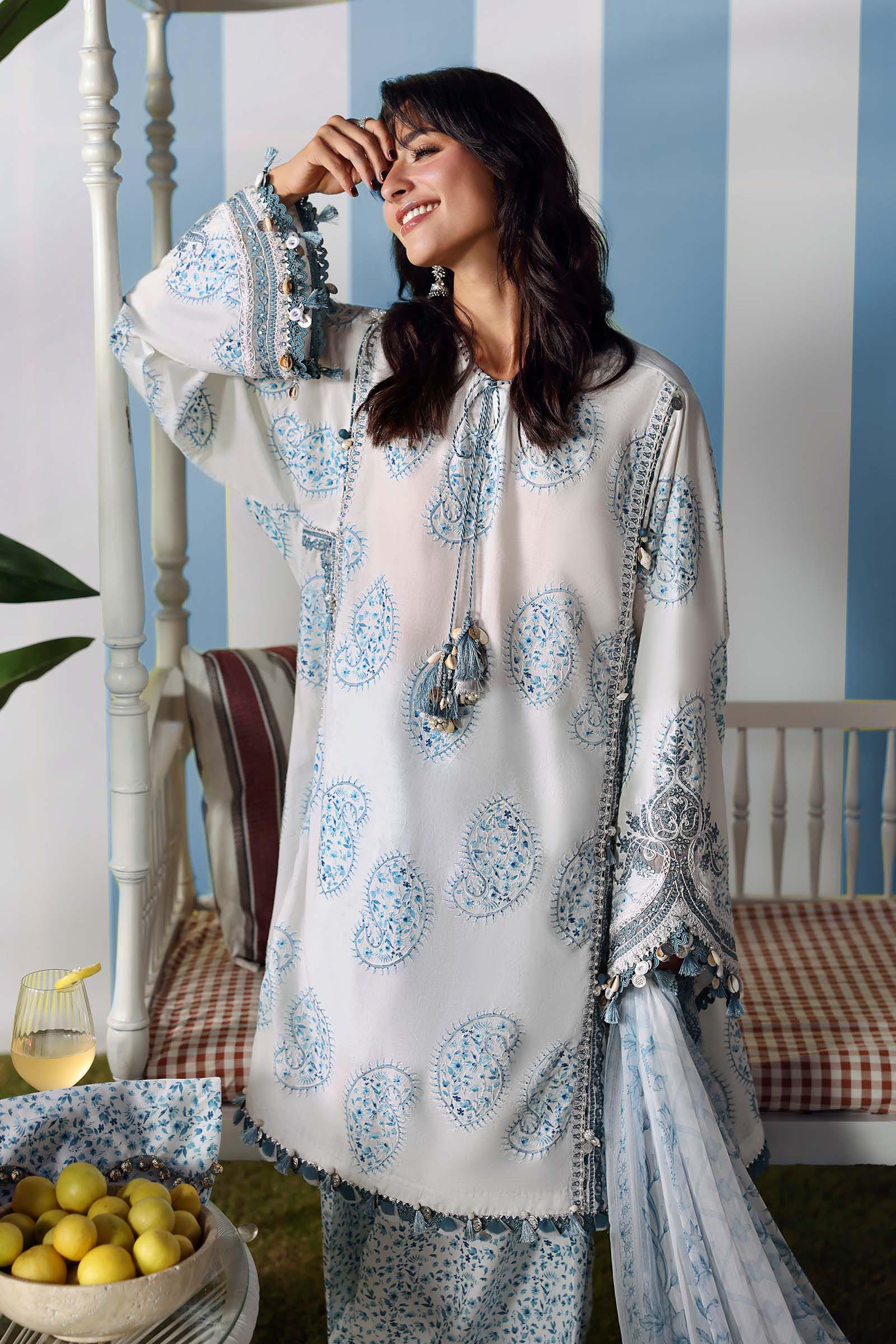 Frosty Blue Paisley Luxury Embroidered Lawn Suit | Ready To Wear