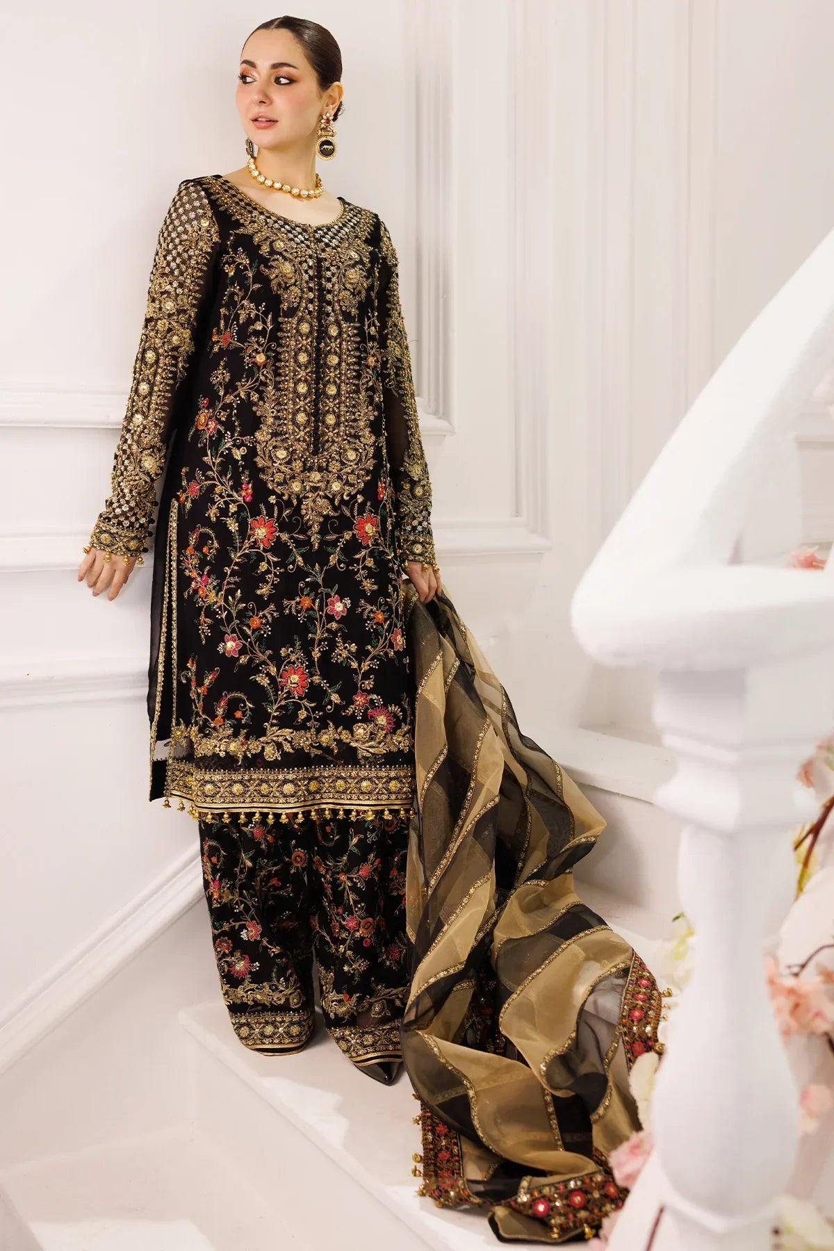 Regal Charcoal - Embroidered Chiffon Suit With Organza Dupatta | Ready To Wear