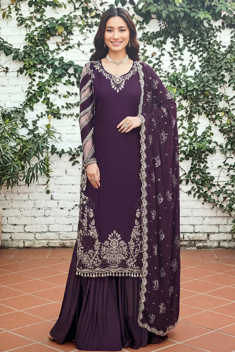 Deep Plum Elegance - Embroidered Sharara Suit | Ready To Wear