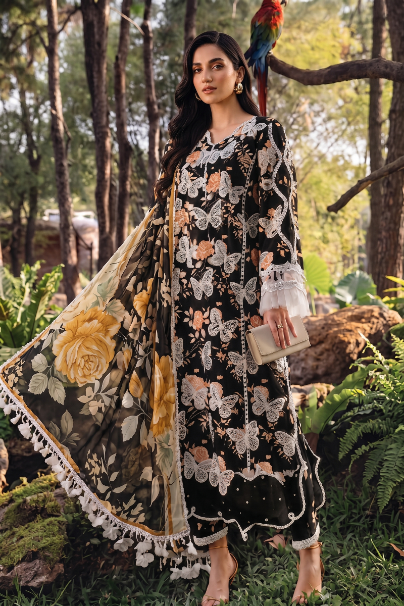 Noir Butterfly Elegance - 3 Piece Embroidered Lawn Suit | Ready To Wear