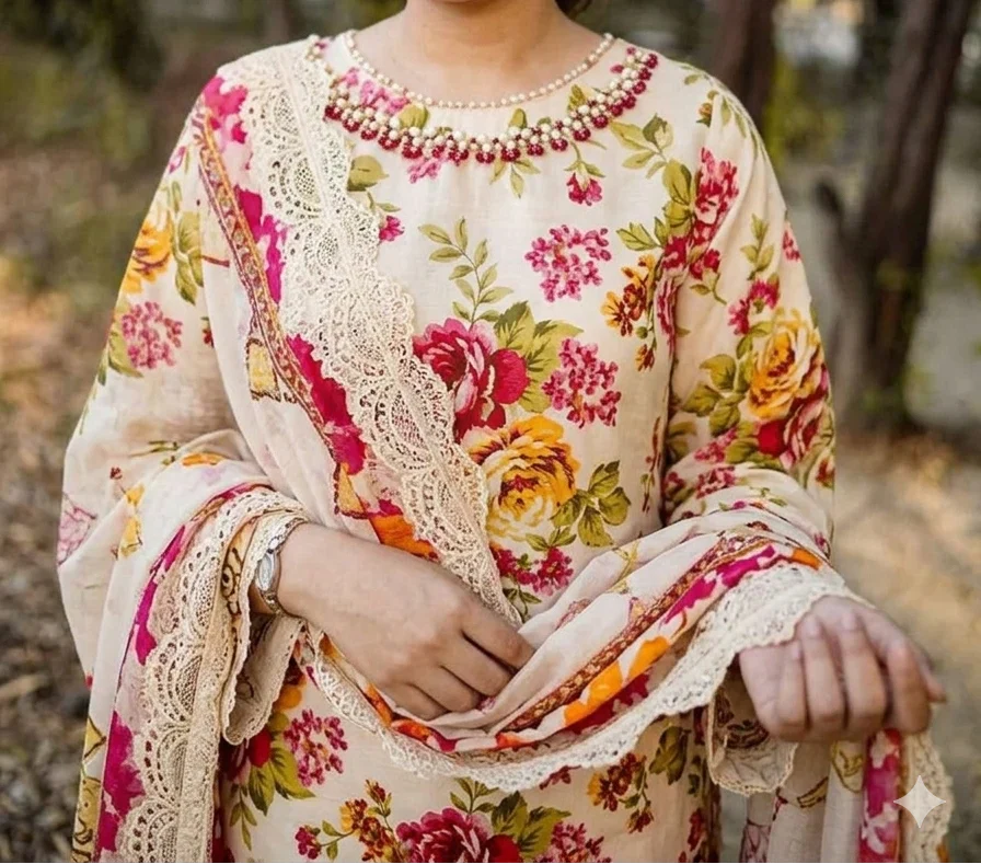 03-Piece Printed Lawn Suit - Ready To Embroidery