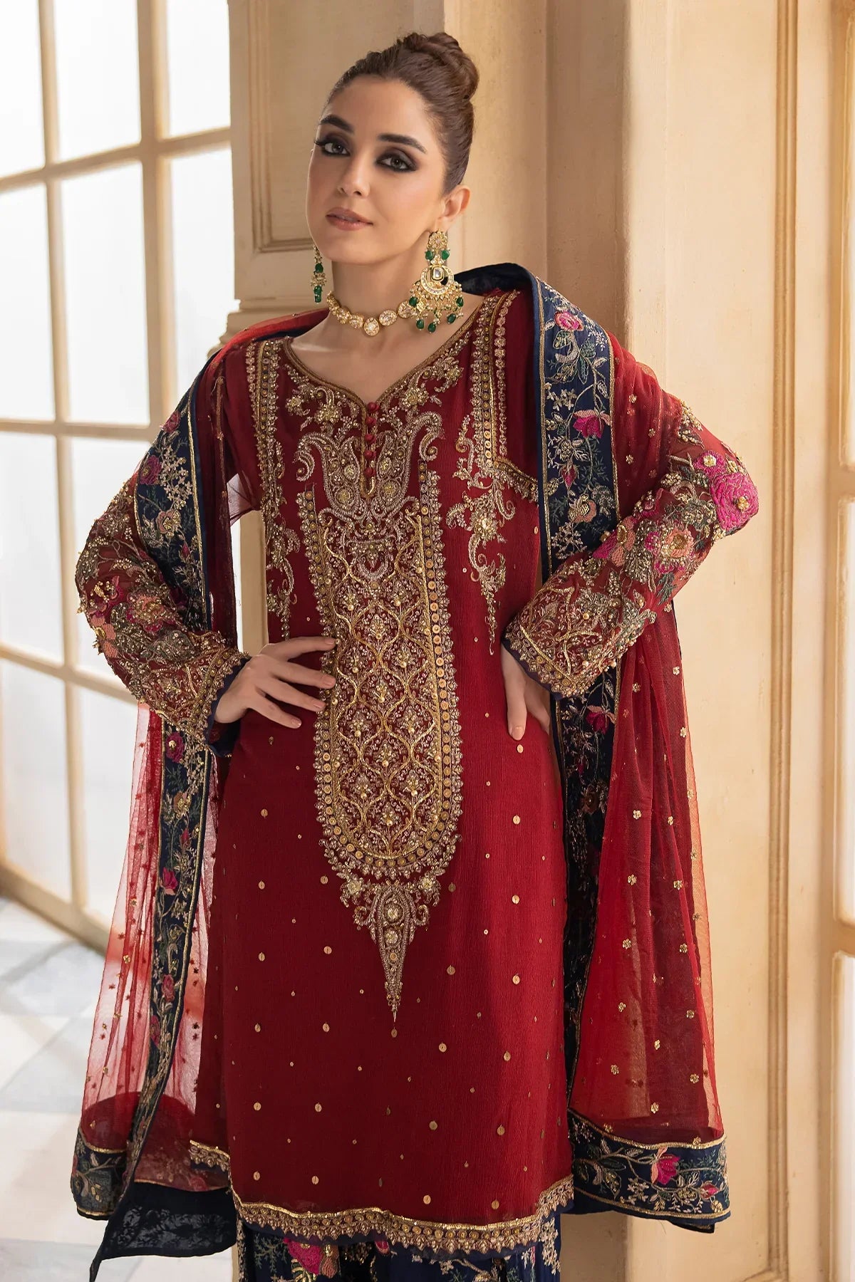 Ruby Red - Embroidered Chiffon Suit | Ready To Wear
