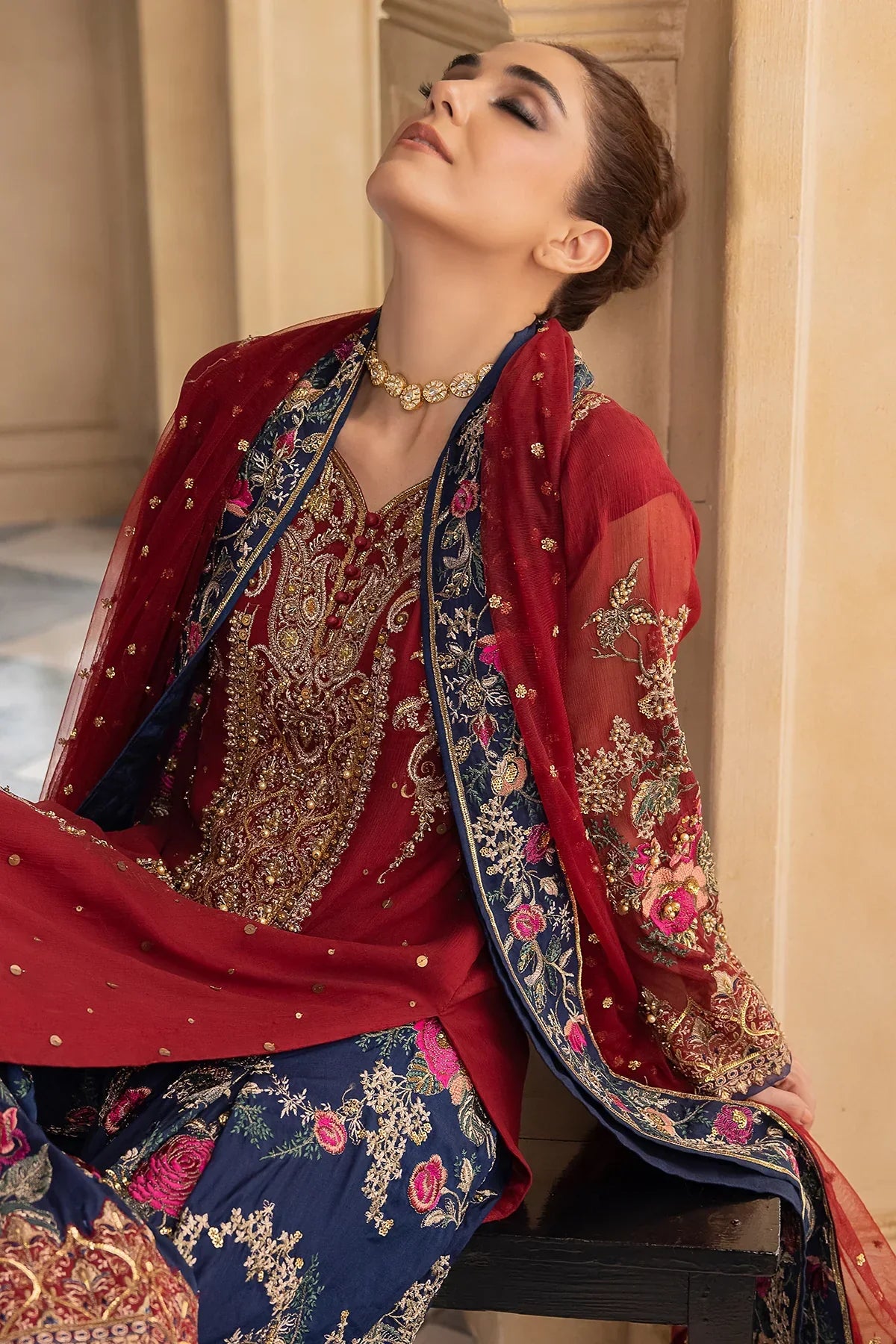 Ruby Red - Embroidered Chiffon Suit | Ready To Wear