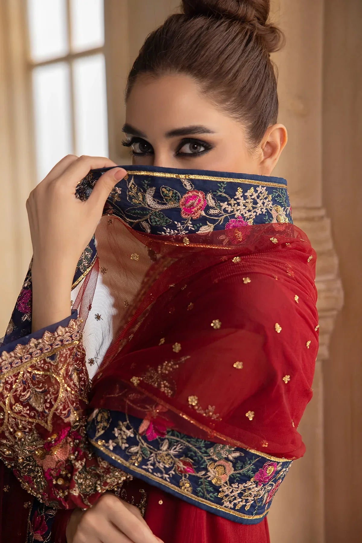 Ruby Red - Embroidered Chiffon Suit | Ready To Wear