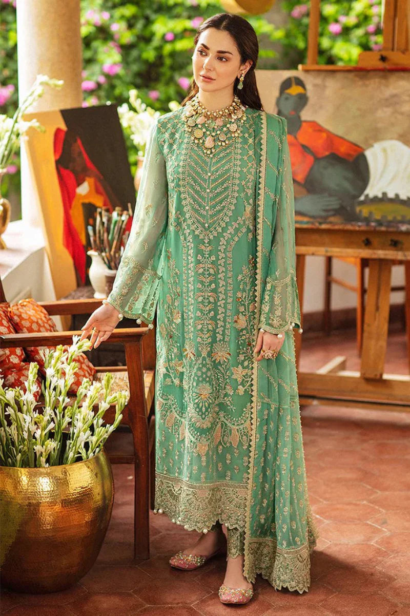 Sea Green Embellished 3 Piece Flared Suit | Ready To Wear