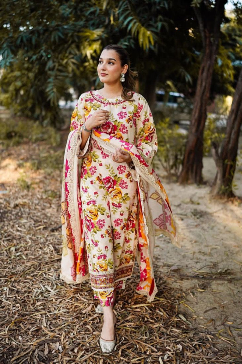 03-Piece Printed Lawn Suit - Ready To Embroidery