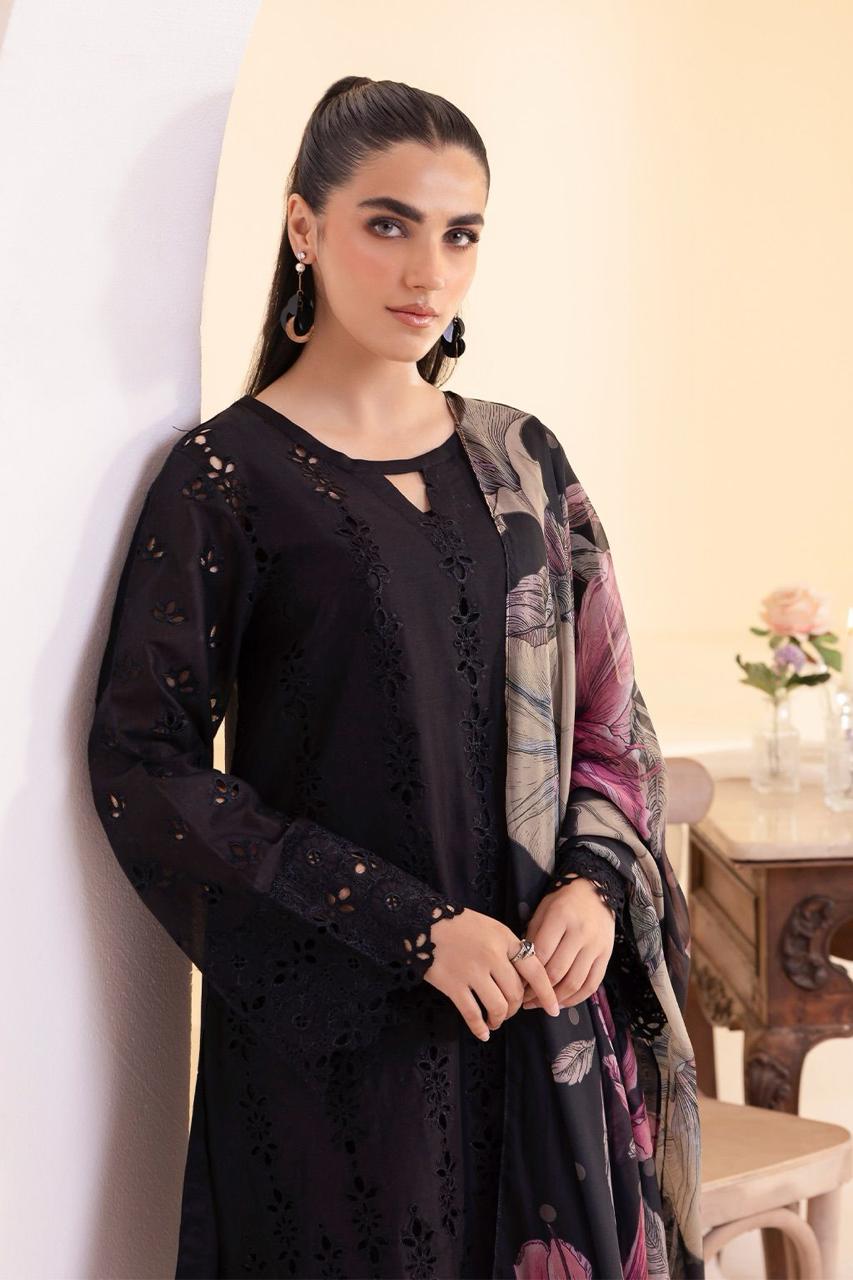Black Schiffli - 3 Piece Embroidered Lawn Suit | Ready To Wear