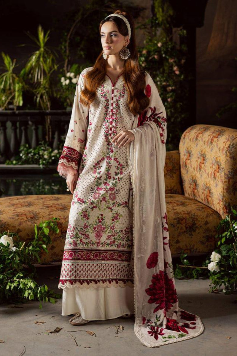 Ivory Crimson - 3 Piece Embroidered Lawn Suit | Ready To Wear