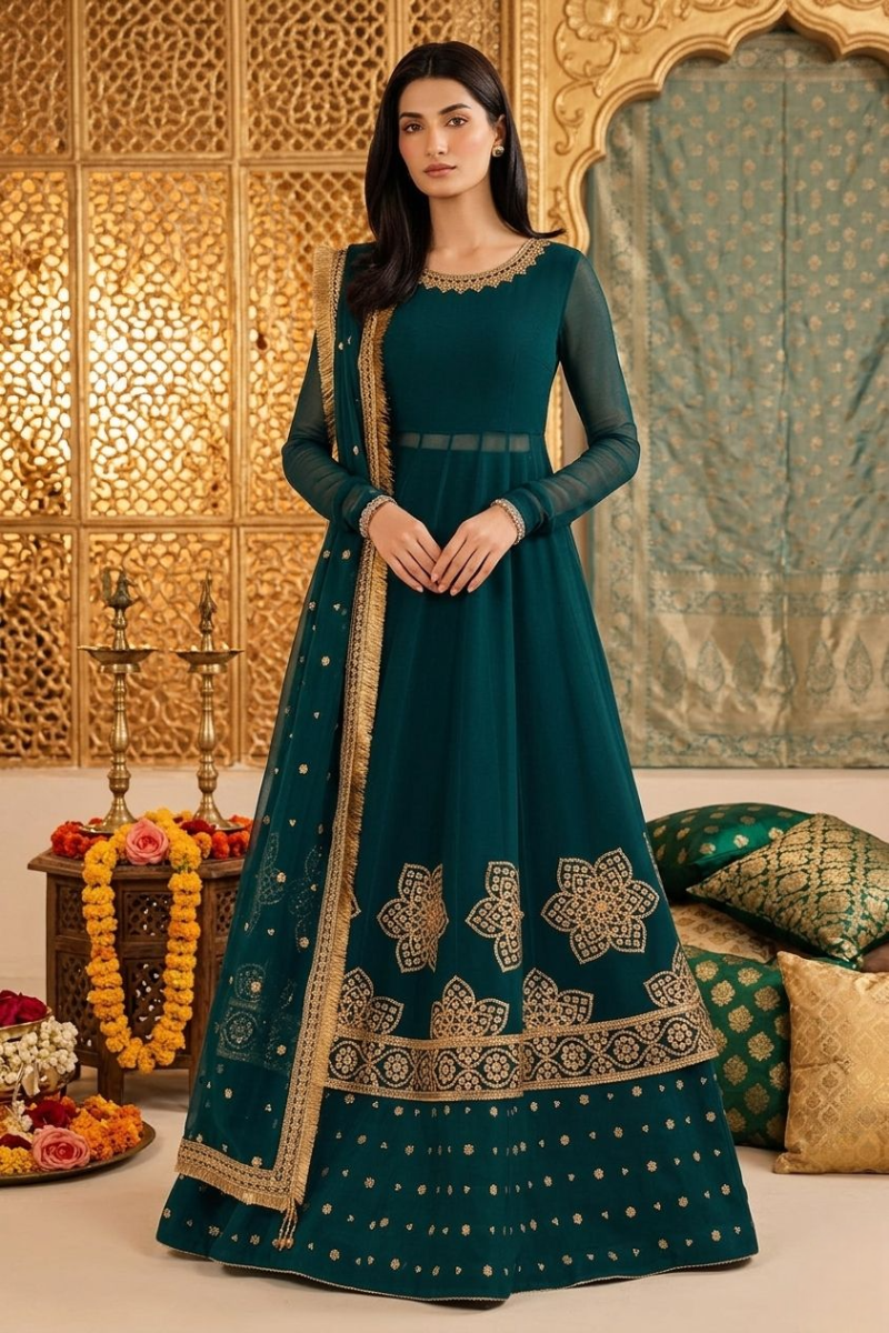 Emerald Gold Anarkali - 3 Piece Embroidered Suit | Ready To Wear