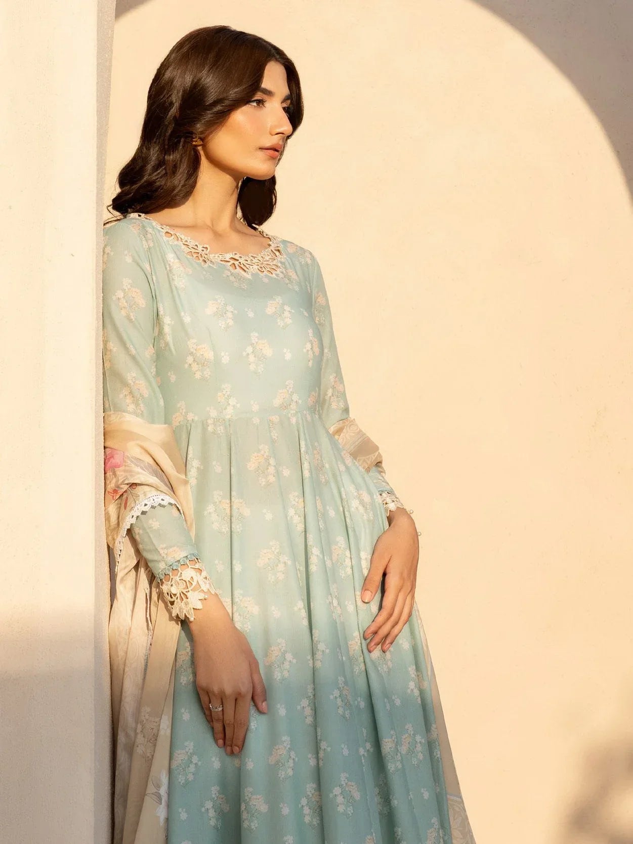 Pastel Aqua Floral Anarkali - Embroidered Lawn Suit | Ready To Wear